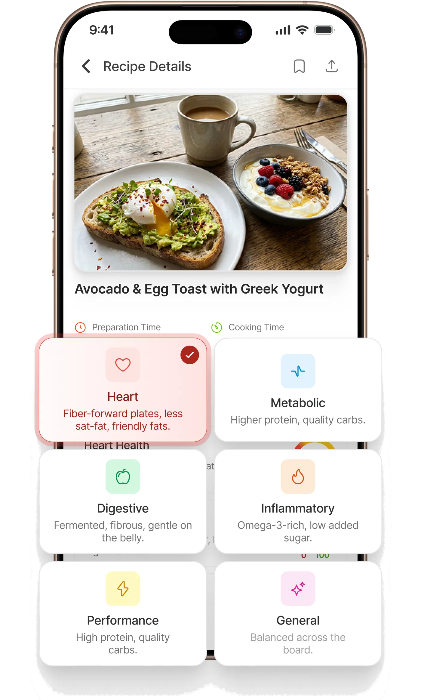 easyChef Pro health-goal selector - Heart, Metabolic, Digestive, Inflammatory, Performance, and General.