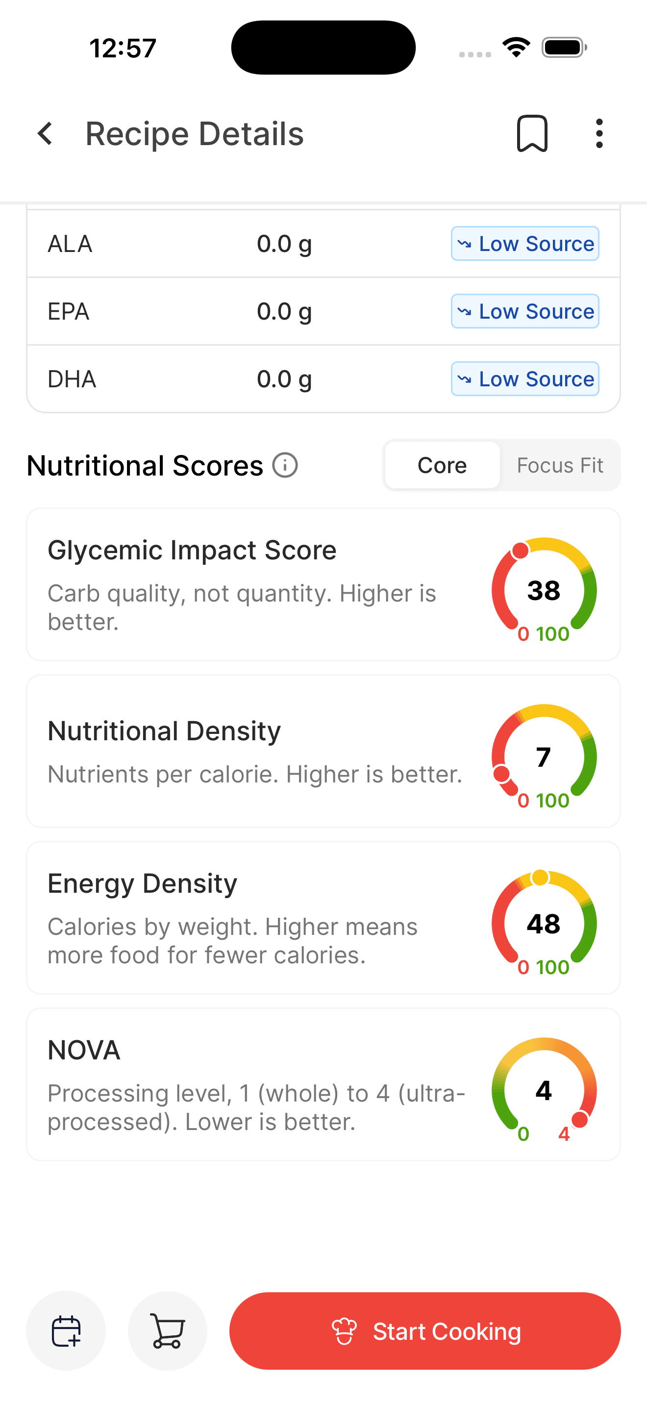Core nutrition scores in easyChef Pro