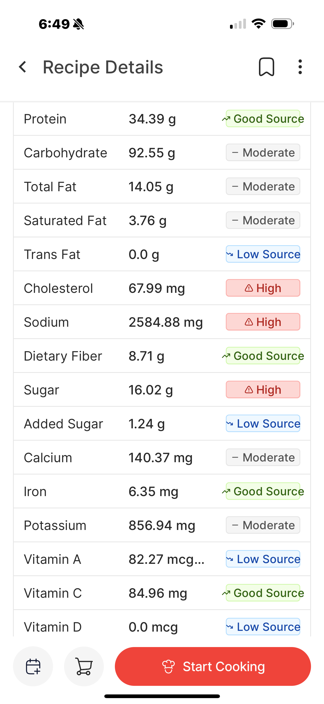 Nutrition breakdown with traffic light labels in easyChef Pro