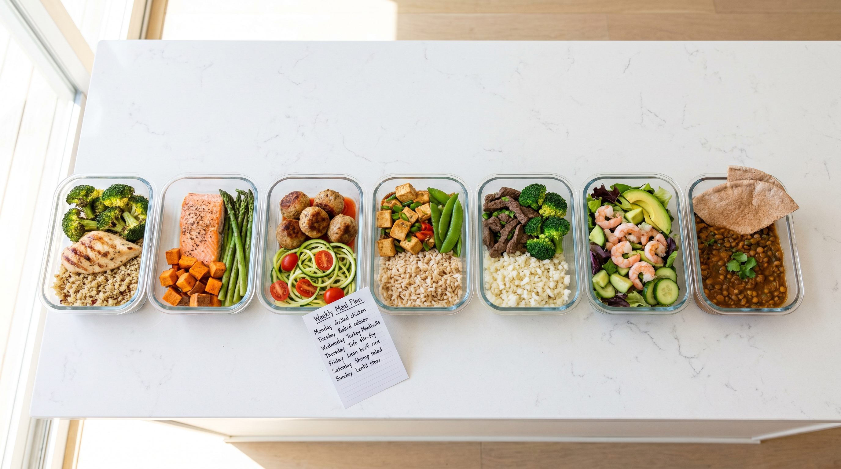 Portioned meal bowl with grilled protein, roasted vegetables, and a small grain serving representing a calorie-controlled weight loss plan
