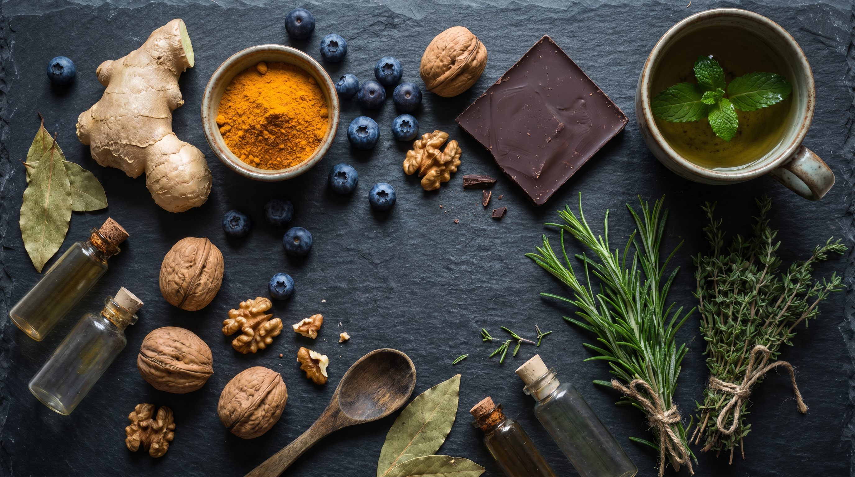 A spread of anti-inflammatory foods: salmon, turmeric, walnuts, berries, olive oil, and leafy greens on a wooden surface