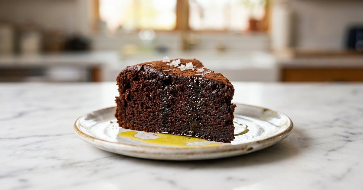 A slice of dark moist chocolate olive oil cake dusted with cocoa on a plate