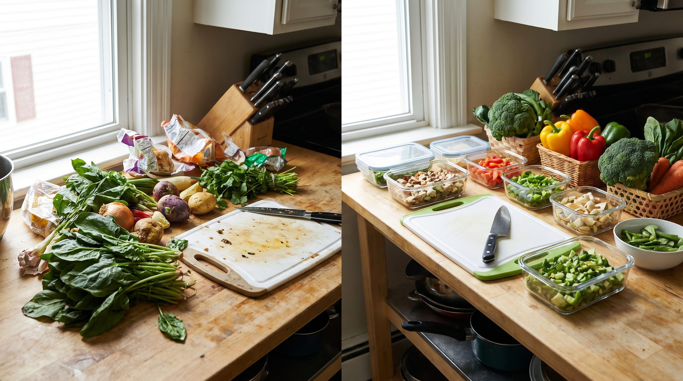 Organized fridge with clearly labeled containers, fresh produce in visible positions, and pantry staples in front representing a low-waste kitchen system