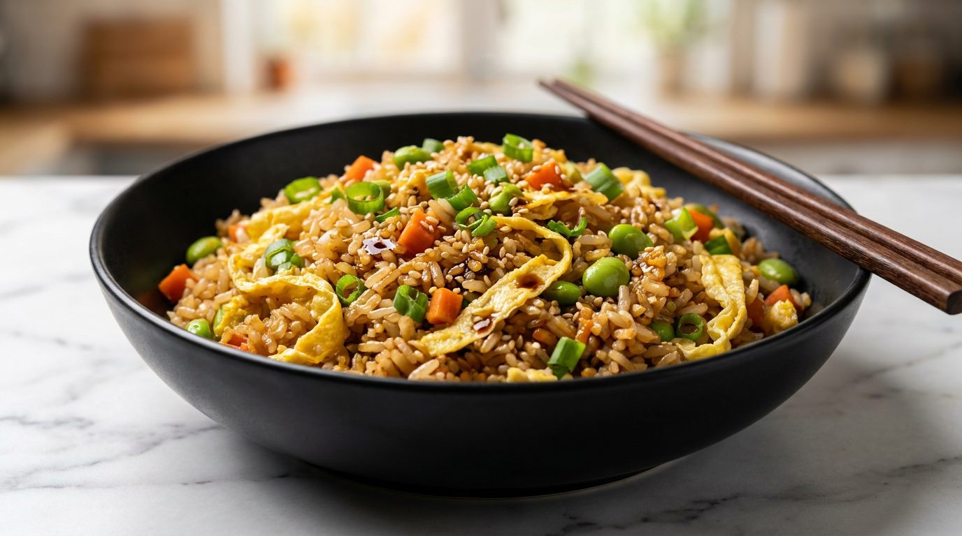 Fried rice in a black bowl with peas, carrots, egg, and green onion