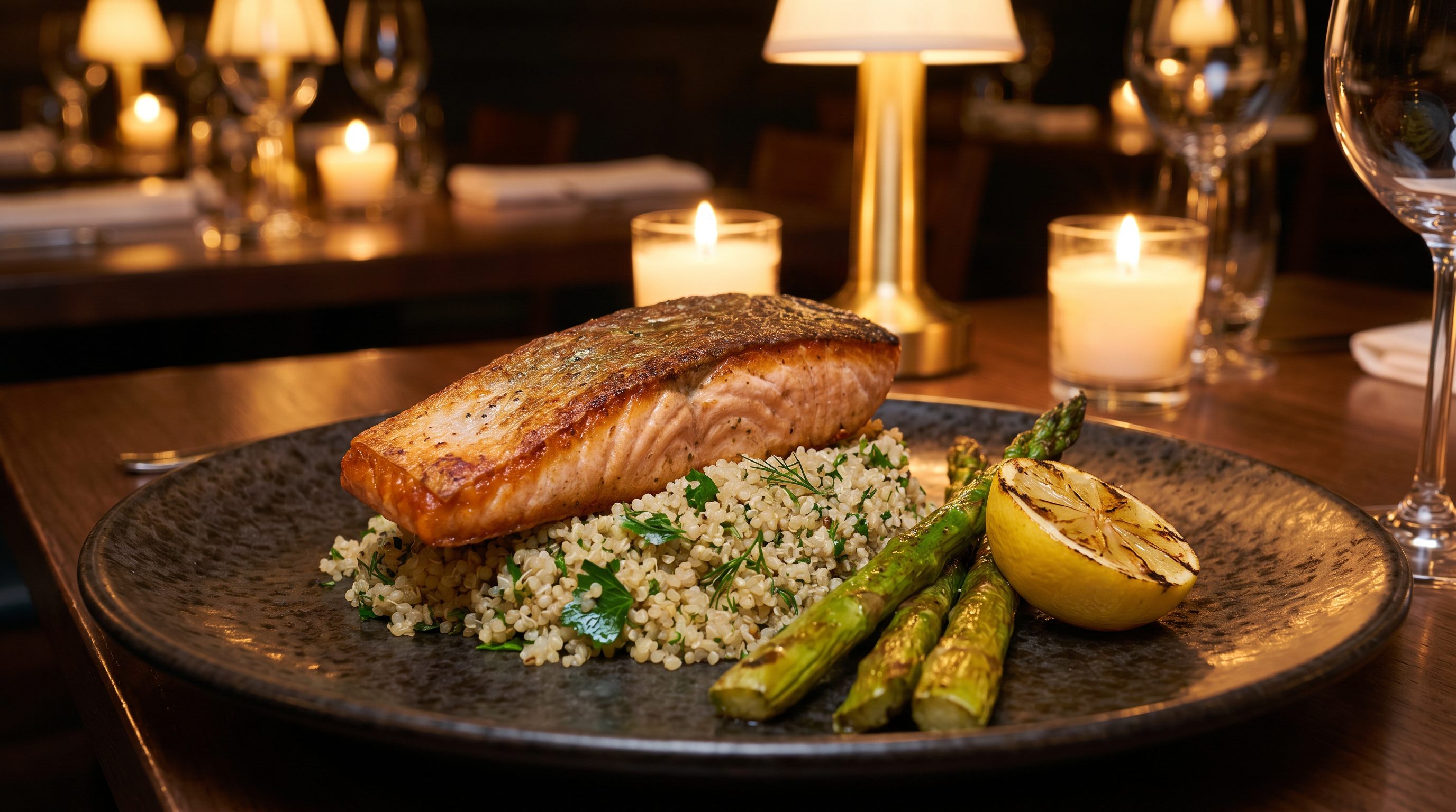 High protein dinner spread with salmon, chicken, eggs, legumes, and vegetables on a wooden table