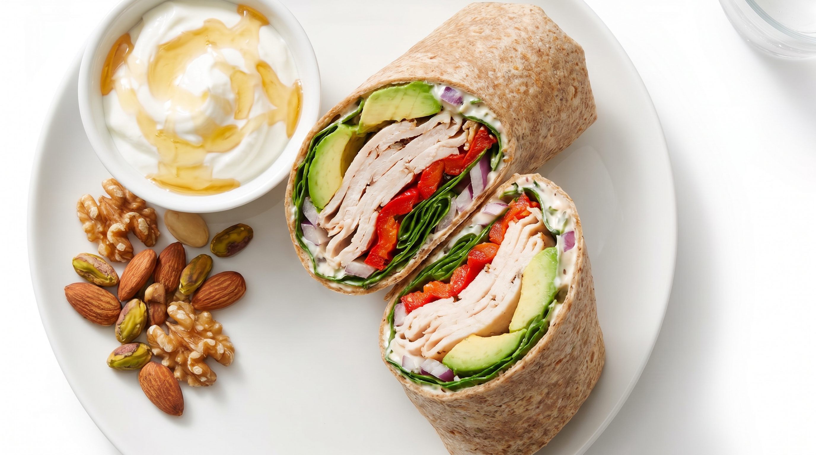High protein lunch ingredients including chicken, eggs, Greek yogurt, and lentils on a clean kitchen surface