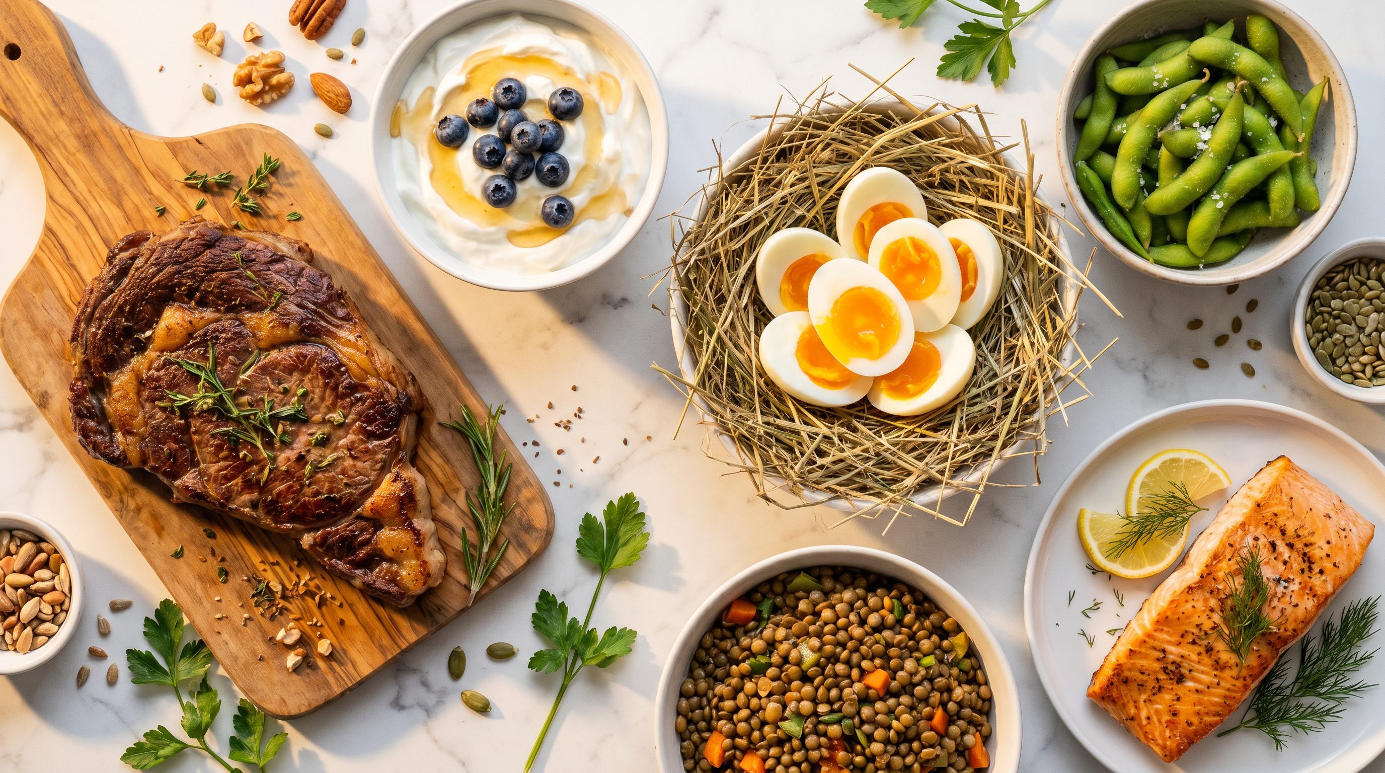 High protein foods including chicken breast, salmon, eggs, Greek yogurt, and legumes arranged on a dark surface