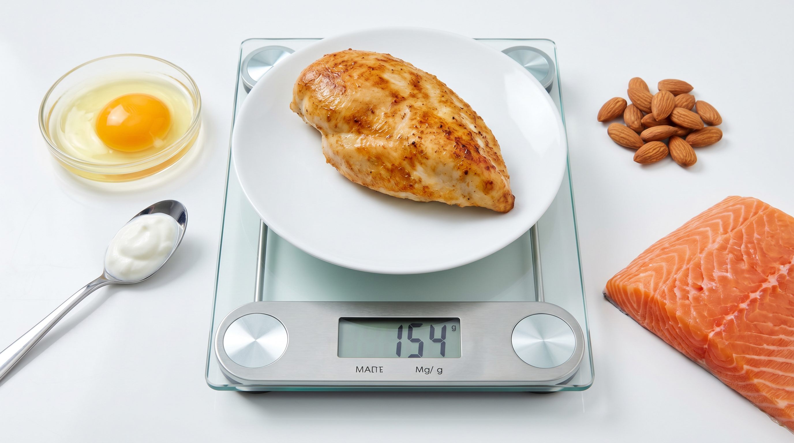 High-protein meal spread with grilled chicken, hard-boiled egg, Greek yogurt, and smoked salmon