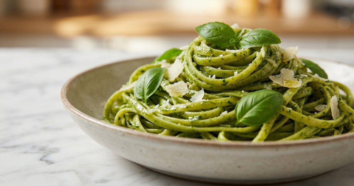 Linguine coated in a bright green basil and spinach sauce with Parmesan in a bowl