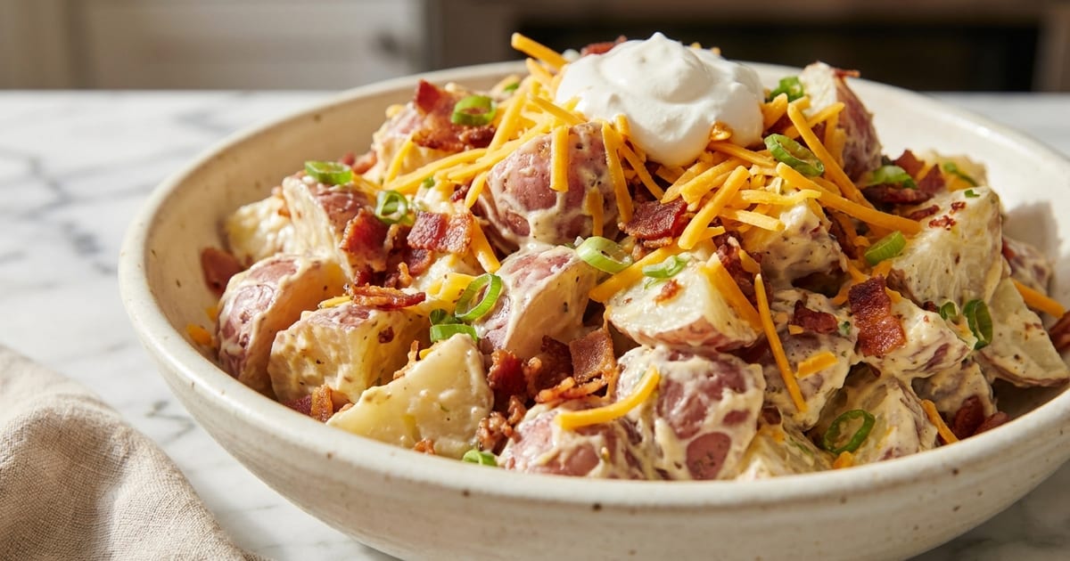 Loaded potato salad with potatoes, crumbled bacon, shredded cheddar, and green onion in a ceramic bowl
