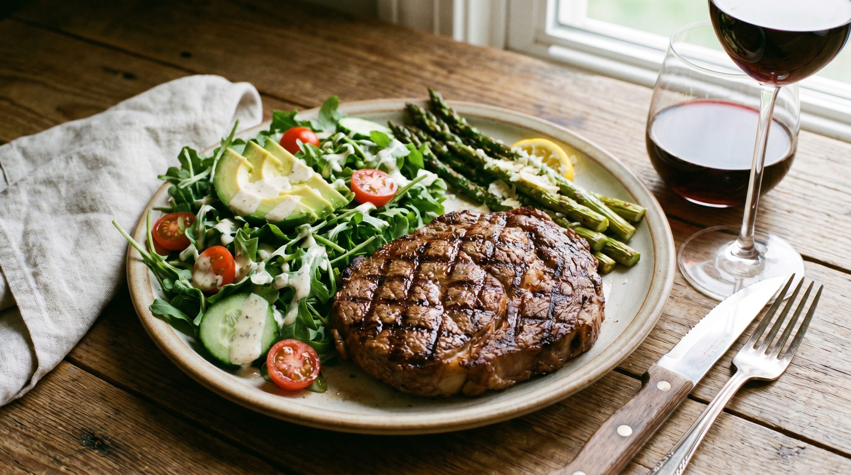 Low carb meal with protein, leafy greens, avocado, and non-starchy vegetables in a clean bowl