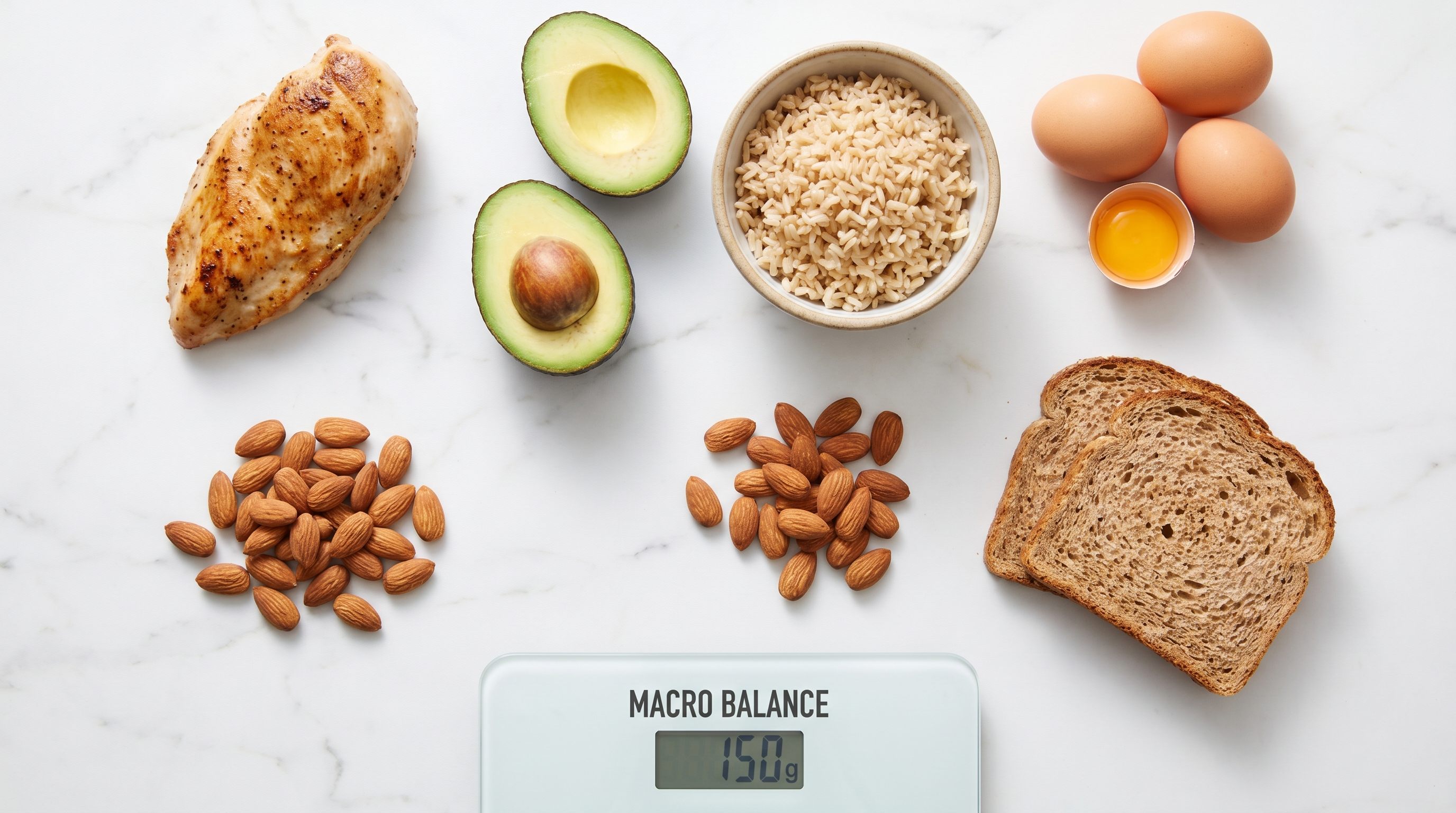 High protein foods including chicken, eggs, legumes and dairy representing macro tracking nutrition