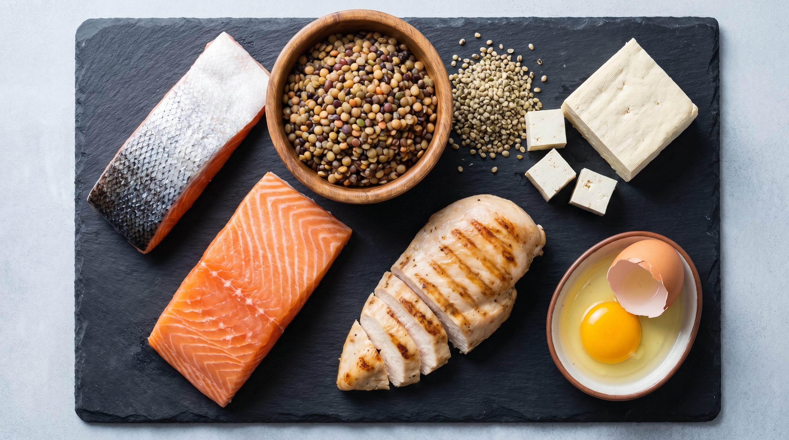 High-protein foods including grilled chicken, eggs, Greek yogurt, salmon, and cottage cheese