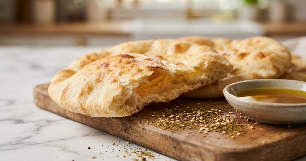 Round Middle Eastern baladi flatbread, golden and torn open, on a rustic board