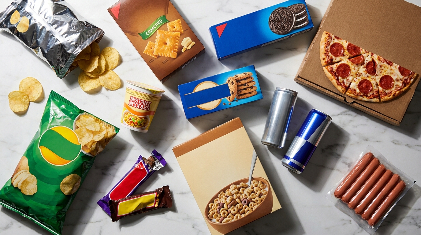 Spread of common ultra-processed packaged foods including chips, instant noodles, breakfast cereal, and packaged snacks on a white surface