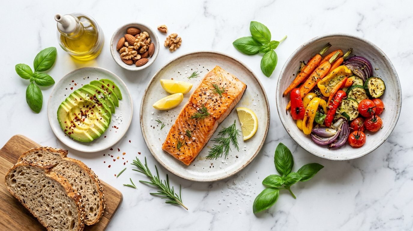 Balanced healthy meal spread including salmon, vegetables, whole grains, avocado, and nuts