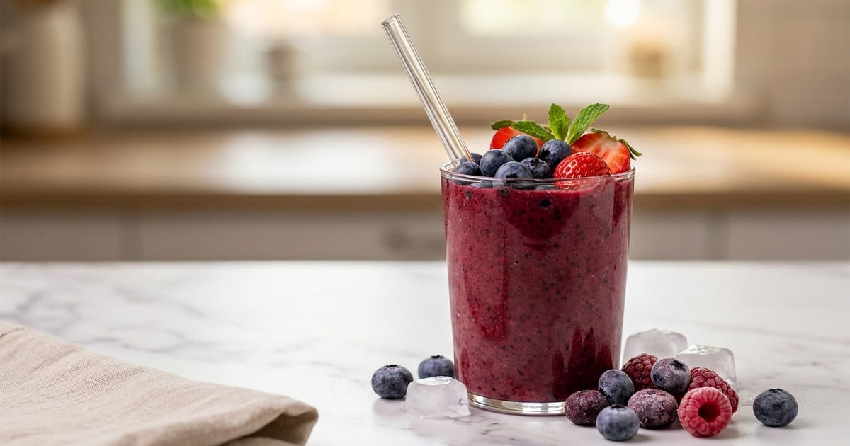 A thick mixed-berry smoothie made from frozen fruit and vegetable puree in a glass