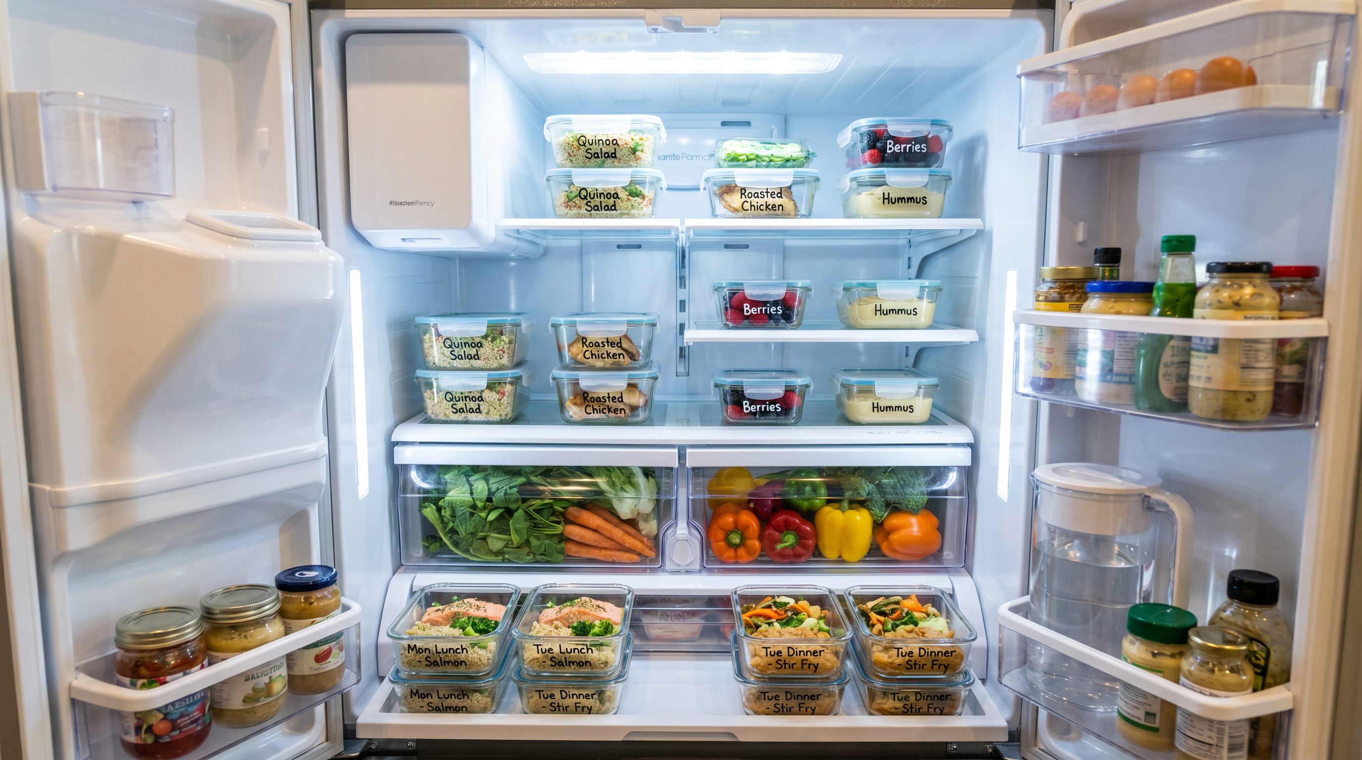 Clean, organized kitchen with properly stored produce, labeled containers, and a visible meal plan representing a low-waste food system
